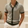 2026 Men's Striped Sweater Polo Shirt Breathable Turn Down Collar Knitted Cardigan Polo