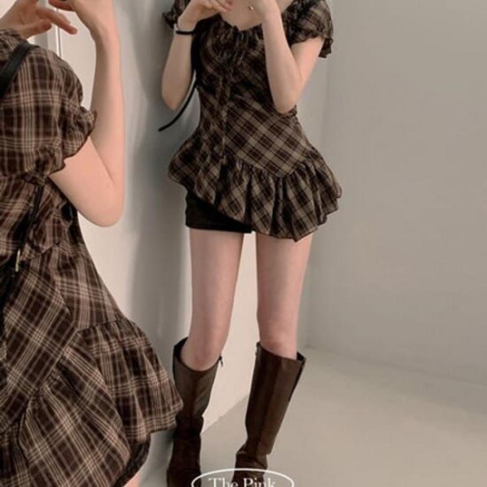 The Pink Women S Check Ribbon aSymmetric Short Sleeve blouSe
