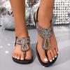 Damen Böhmische Zehenring-Sandalen mit flachem Absatz, Strassbesetzt, Elastischer Fersenriemen, Lässige Strandschuhe für den Außenbereich