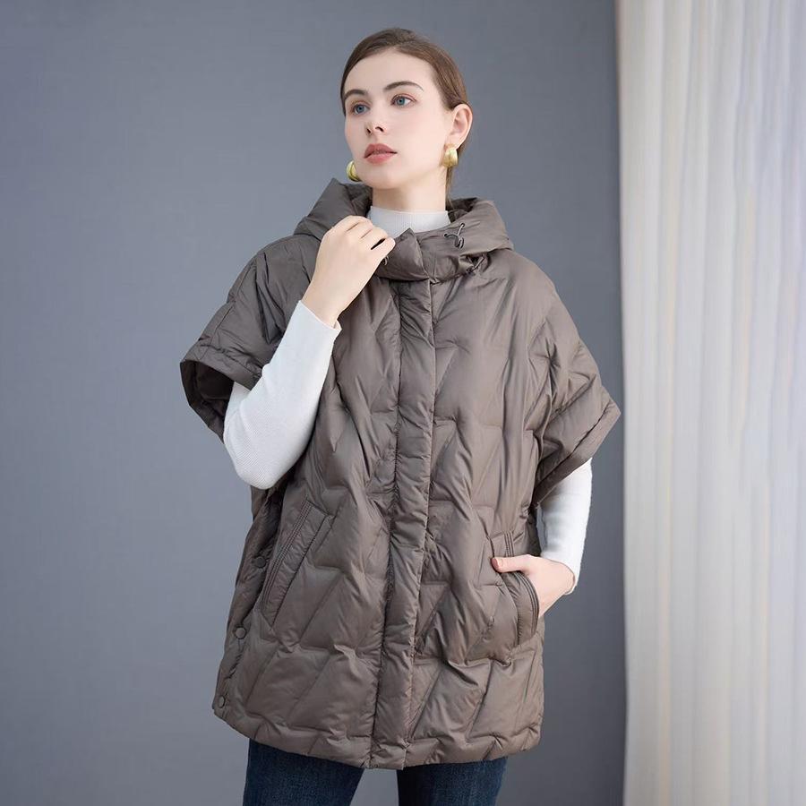 Autumn and winter new fashion hooded bat sleeves loose warm pressed glue white duck down vest side deduction