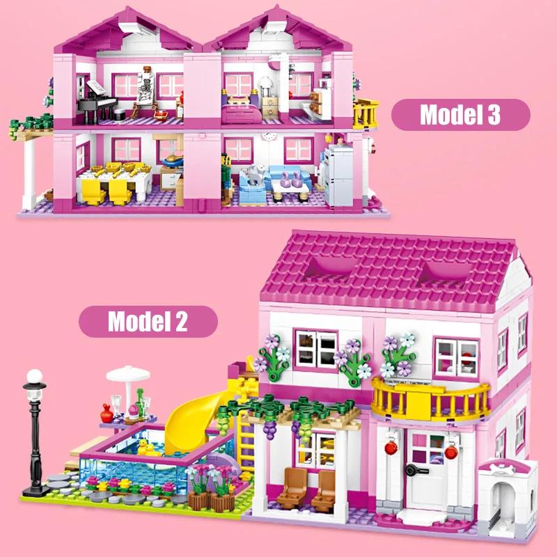 1018 Pcs City 1 Change 3 Summer Double-storey Villa House Slide Building Blocks Friends DIY Garden Flower Figures Bricks Toys