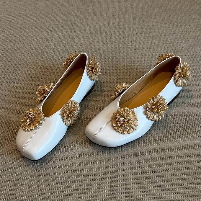 Cowhide Version~ French Retro Flower with Skirt Square Head Flat Sole Single Shoes Women's Shallow Mouth Shoes One Pedal Small Leather Shoes