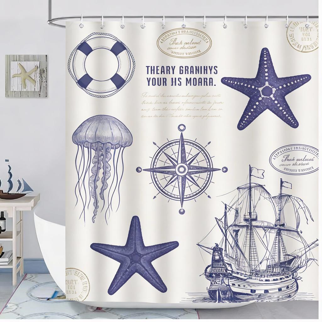 Modern Nautical Anchor Lighthouse Sailing Shower Curtain 180 X 200Cm Washable Polyester Shower Curtain With 12 Hooks