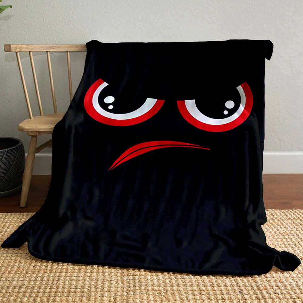 Red and white angry eyes with an arched red frown on a black background. for all seasons blanket lunch break throw gift