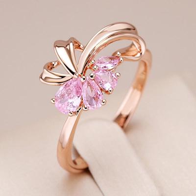 Pink Drop Zircon Flower Hollow Girls Rings Smooth Gold Color Women Trendy Jewelry