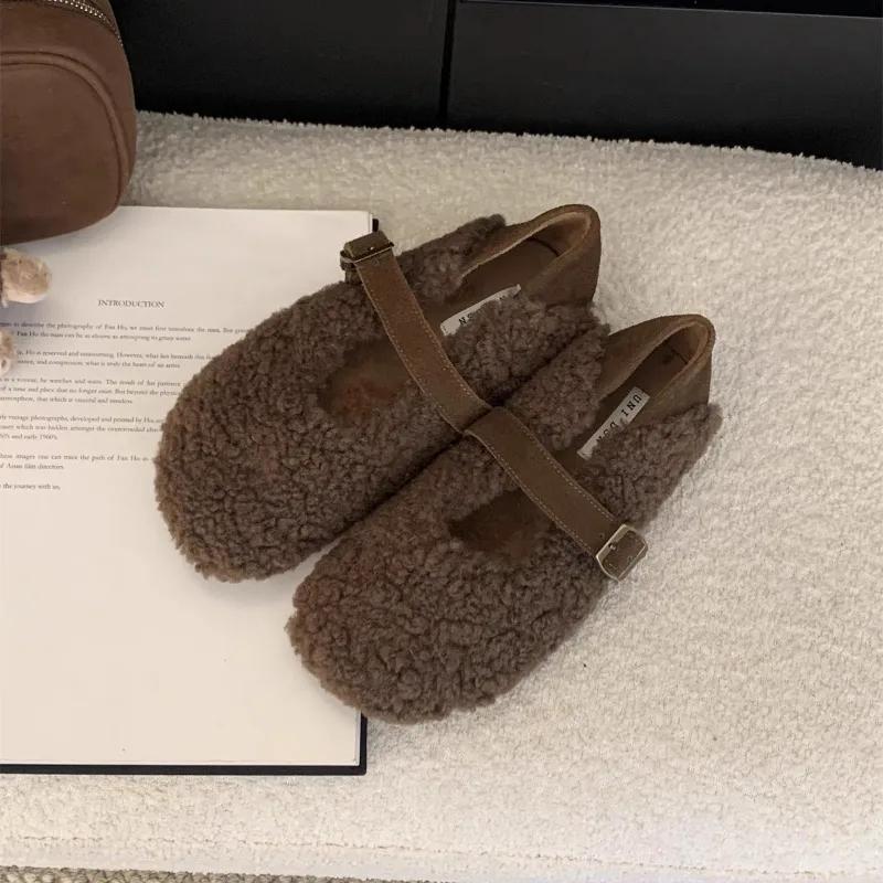 Shoes Female 2024 Hot Sale Buckle Strap Women's Flats Fashion Shallow Daily Flats Women New Light Short Plush Flat Low Heels
