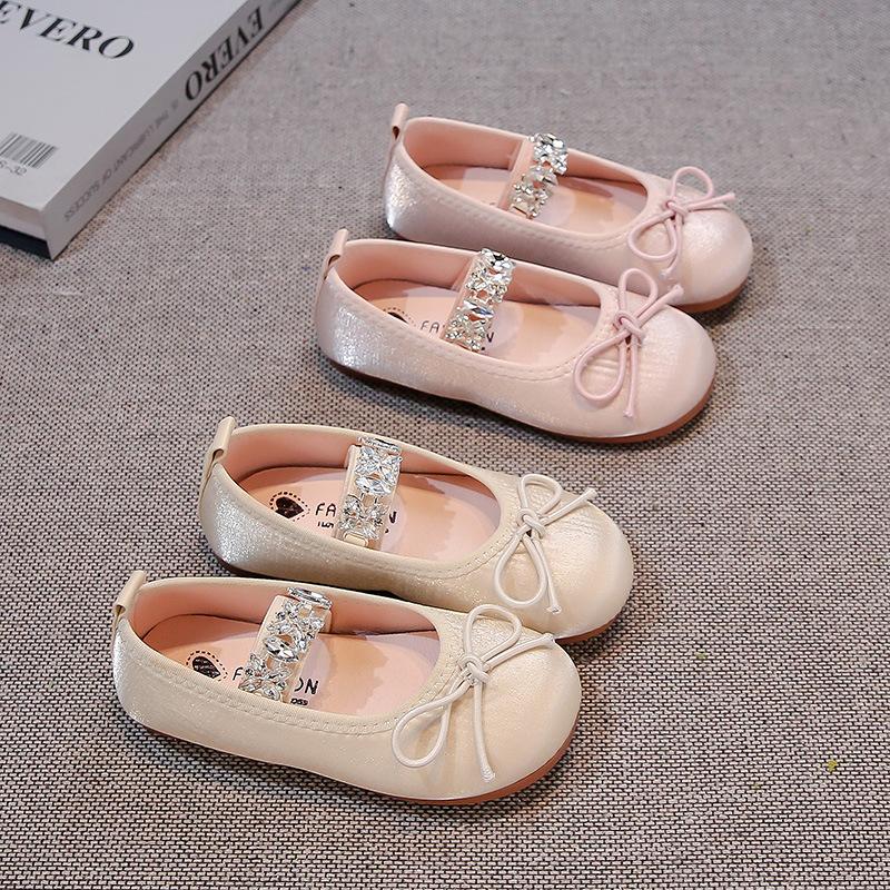 Girls Flat Shoes Round Toes Simple Bows Kids Leather Shoes Shiny Crystal 2025 Spring Autumn Girls Princess Shoes Soft Sole Ins