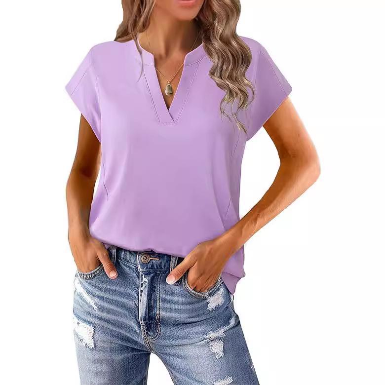 Ladies Summer Short Sleeve V Neck Solid Color Pullover T Shirt Top