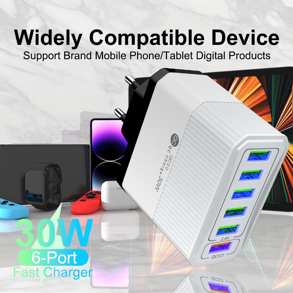 QC3.0 30W Six-Port Fast Charger with EU/US/UK/AU Plugs