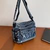 Dżinsowa torba z haftowanym napisem, wielokieszeniowa torba crossbody