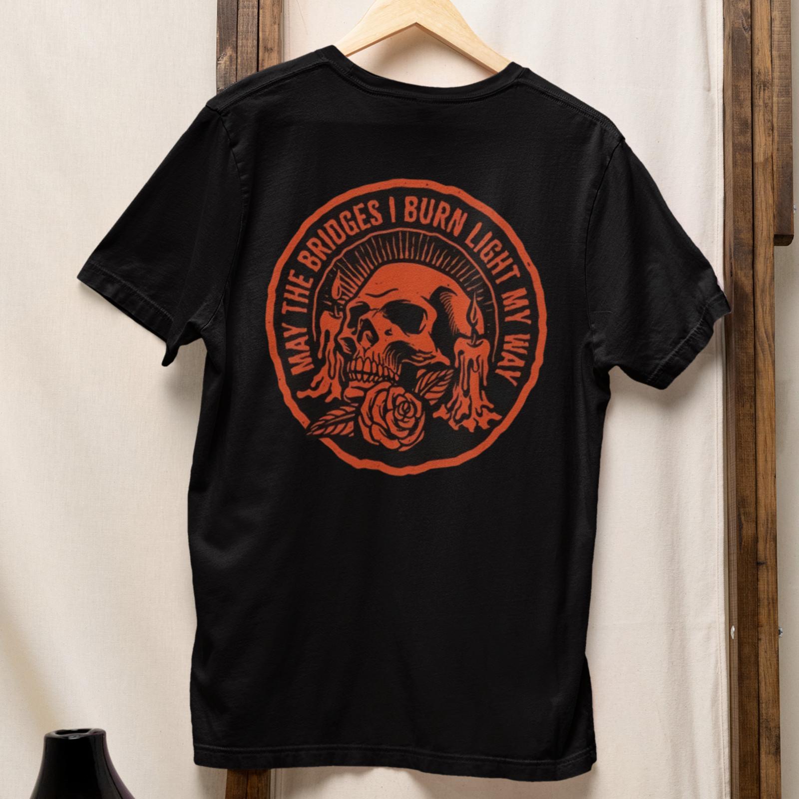 May The Bridges I Burn Light My Way Skull Rose Graphic T-Shirt Front & Back M