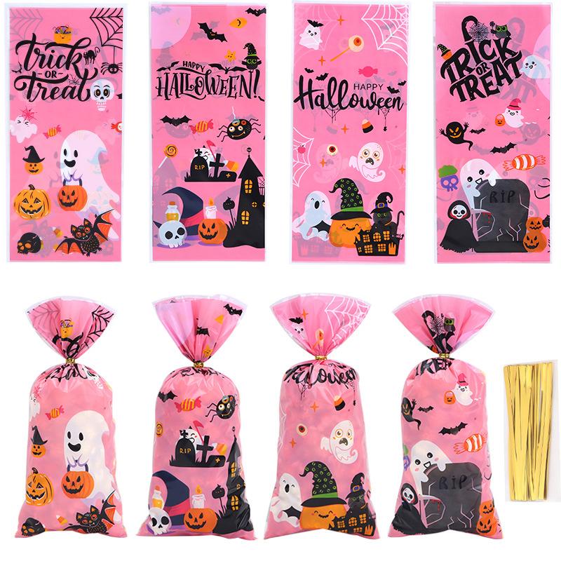 100PCS/Pack Pink Halloween Zip Tie Flat Pocket Mix Style Ghost Pumpkin Decorating Halloween Atmosphere Cookie Snack Gift Bag ZYF