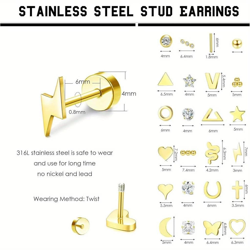 Bobisty 1Piece Earrings for Women Men Stainless Steel Tiny Cartilage Star Moon Heart Elegant Cartilage Piercing Jewelry