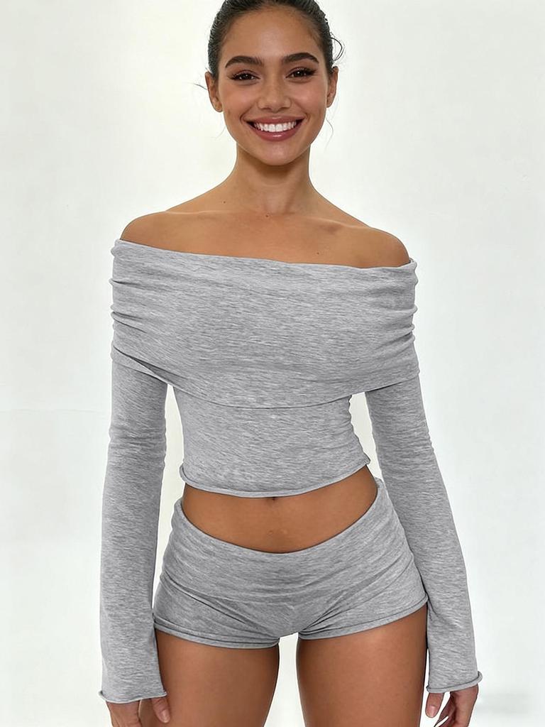 Women's Solid Color One-Shoulder Lapel Casual Suit: Long Sleeve Top + Shorts