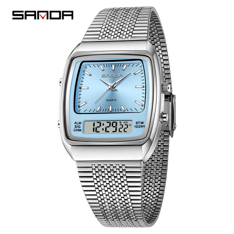 SANDA Men's Steel Band Dual Display Watch with Multi-Time Zone, Night Glow, and Waterproof Features