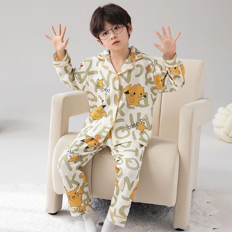 Jungen Cartoon Baumwoll-Pyjama-Set – Leicht mit langen Ärmeln für Frühling/Herbst, Alter 4-12