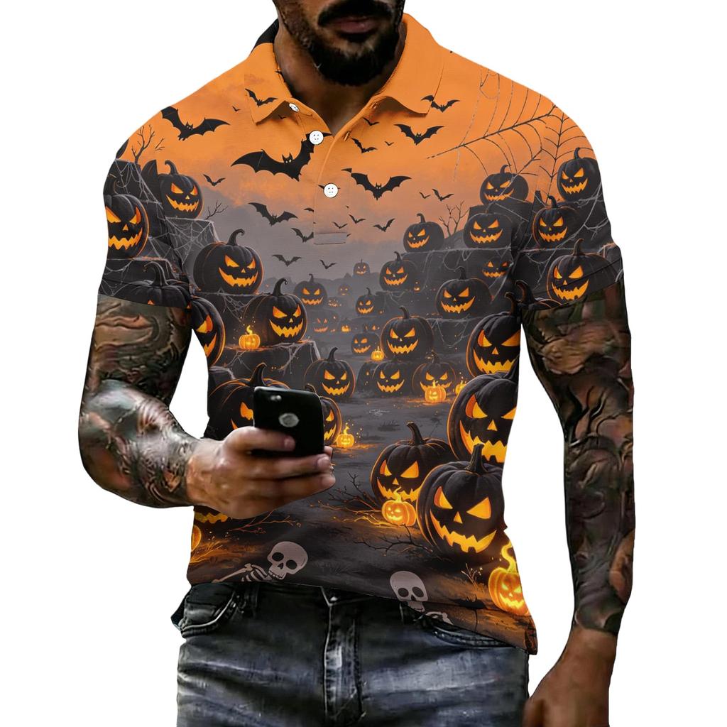 Men's Halloween Printed Vintage Texture Short Sleeve Polo Shirt Loose Breathable Summer Sports Street Casual Daily Wear Top