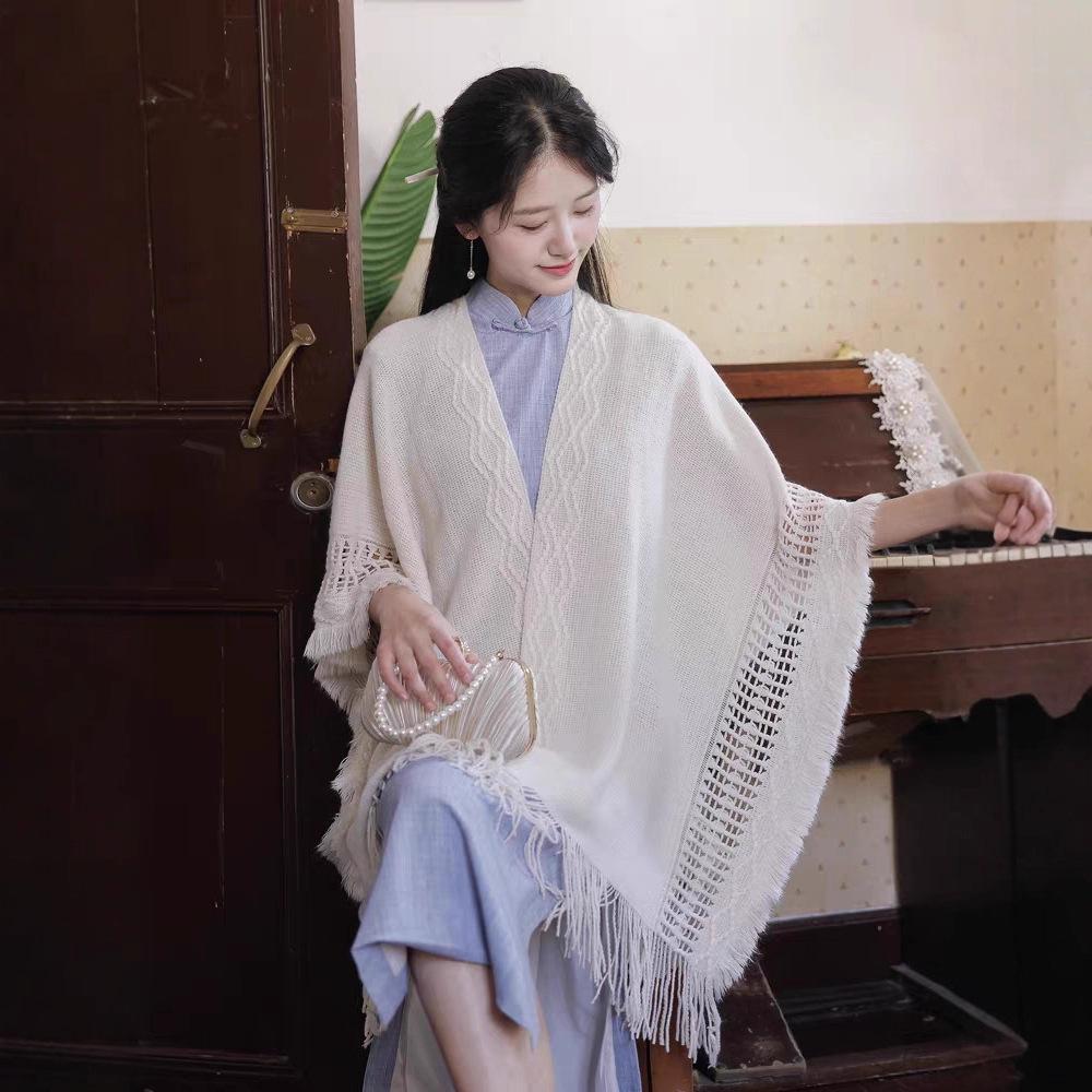 Knitted shawl with cheongsam with tassel antique fairy new Chinese cardigan white 1011 new autumn