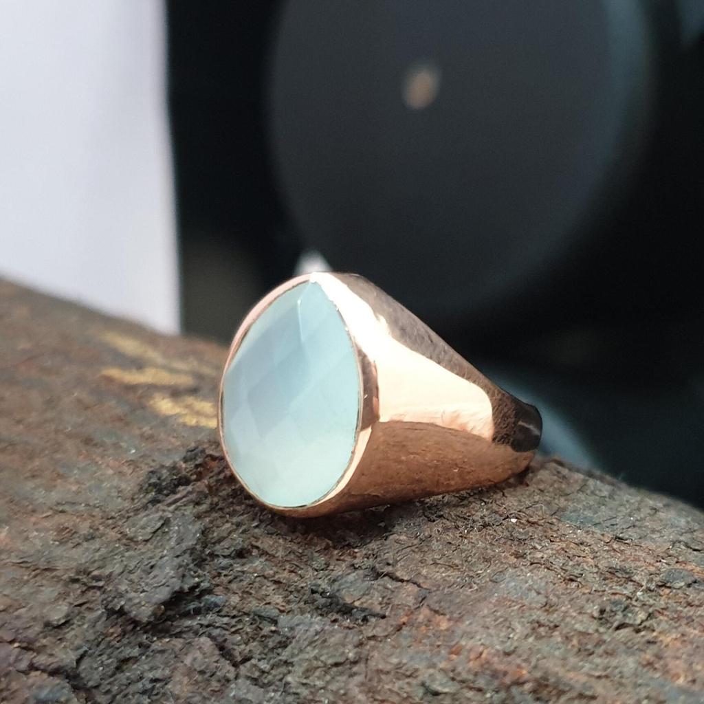 Rose Cut Aquamarine 925 Sterling Silver Rose Gold Overlay Ring Jewelry, Wedding Gift Handmade Ring