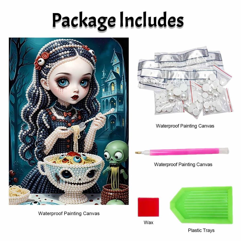 DIY Pearl Bead Art Canvas Gothic Girl Eating Pasta Pattern Frameless 3D Painting Kit for Bedroom Living Room Wall Decor