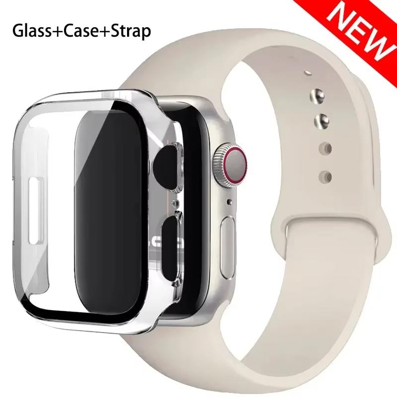 Glass+Case+Strap For Apple Watch band 46mm 45mm 44mm 41mm 40 38mm Silicone watchband bracelet iWatch series 10 9 8 7 6 5 4 3 SE