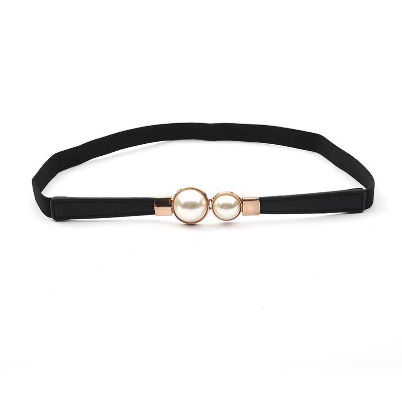 Women's Thin Black Waist Belt with Pearl Buckle 