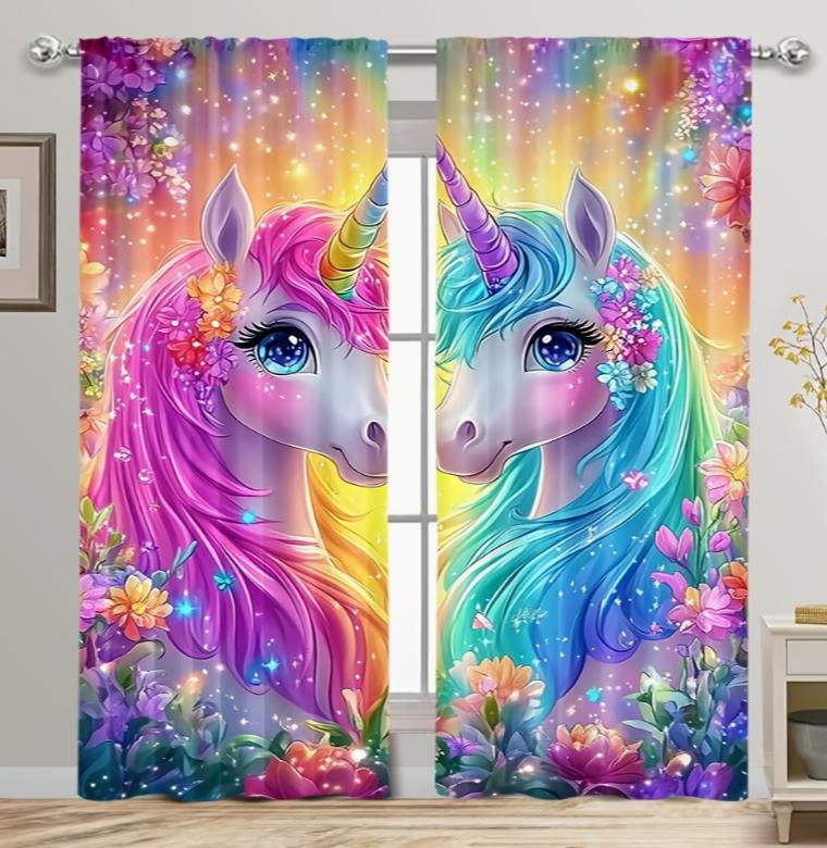2pcs Polyester Magical Unicorn Floral Curtain Set Vibrant Rainbow Privacy Drapes, Rod Pocket Design Bedroom Living Room Office