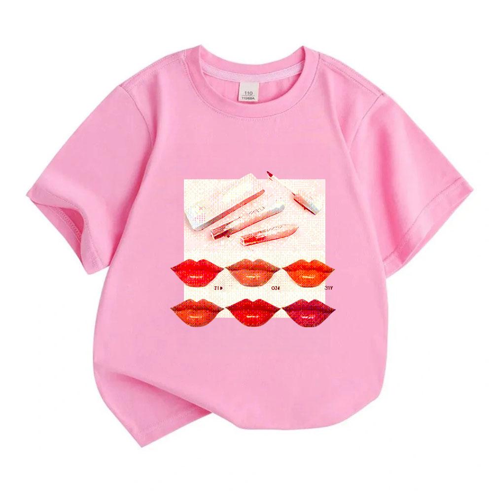 Kids Boys Girls 100% Cotton Crew Neck Short Sleeve T-shirt, Fashion Lipstick Print Casual Soft Breathable Summer Tee Tops for Children Daily Wear