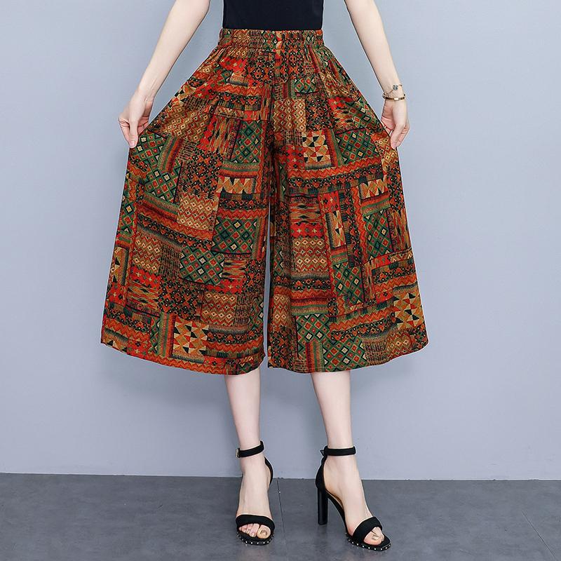 Summer Elastic Waist Print Wide Leg Pants for Women  Loose Vintage High Waist Oversize Pants