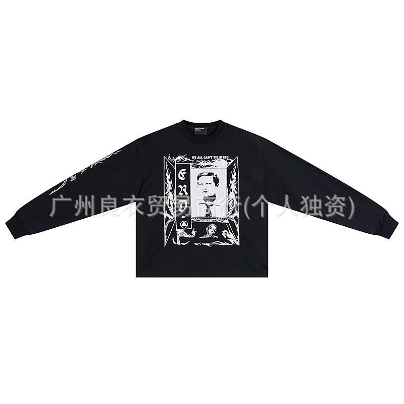 Unisex Vintage Distressed Letter Print Graphic Long Sleeve Tee Streetwear Oversized Cotton T-Shirt Teens
