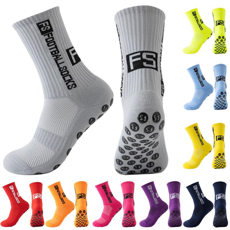 Non-Slip Mid-Calf Sports Football Socks with Terry Bottom and Round Silicone Grip