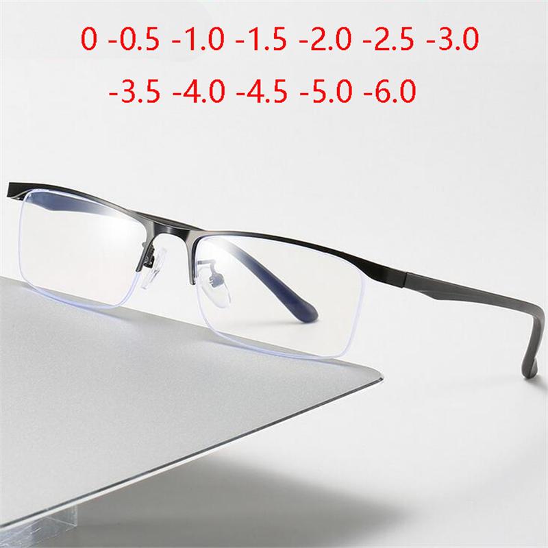 Half Frame Square Myopia Glasses Finished Metal Anti-Blue Light Prescription Eyeglasses Diopter 0 -0.5 -1.0 -1.5 To -6.0