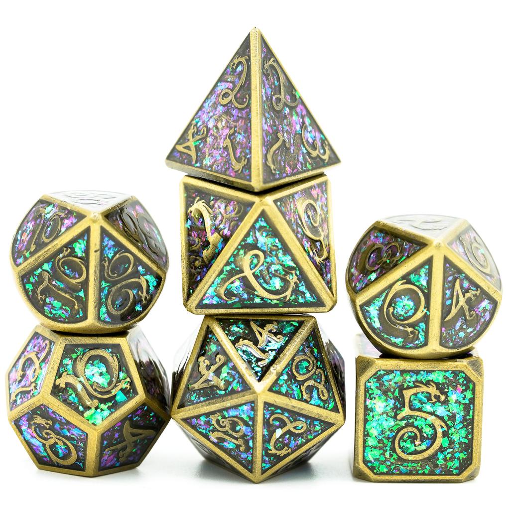 Cusdie Dragon Font DND Dice Metal, Auspicious Cloud, 7Pcs Polyhedral Dice Set, for D&D Role Playing Game Pathfinder Board Games