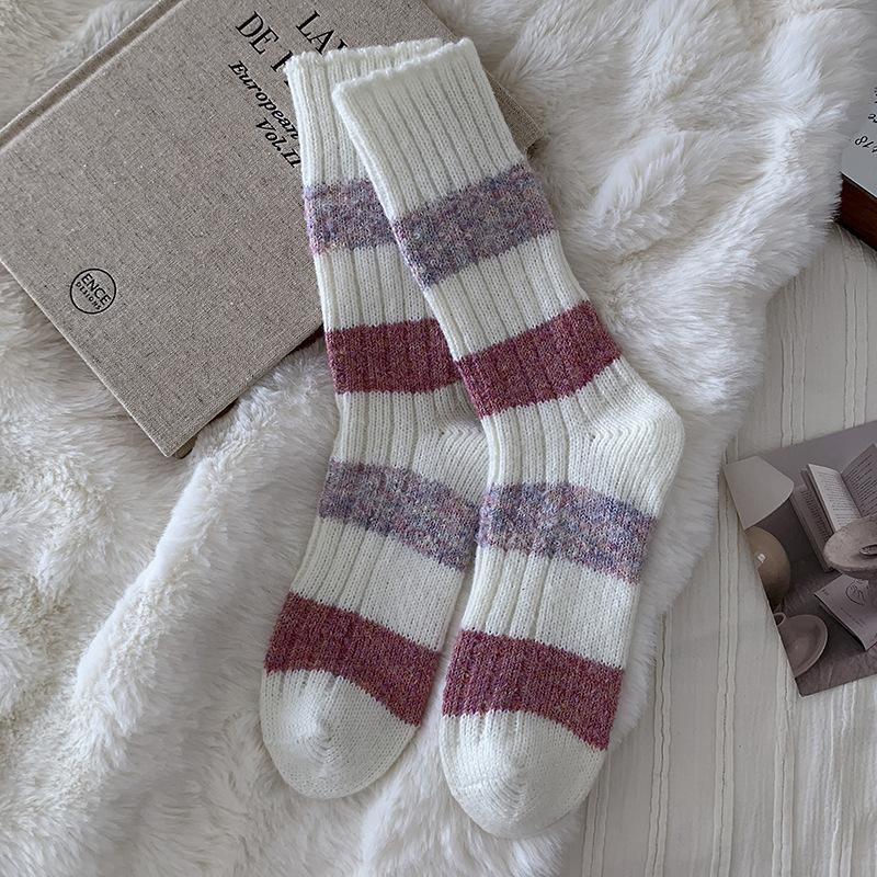 Contrasting Wool Socks Children'S Stacking Socks Seasonal Fleece Thickened Warm Color Matching Flocking Striped Cashmere Medium Tube Socks