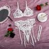 Women'S Sexy Backless Sheer Mesh Erotic Lingerie Set With Bow Cross Tie Garter Belt Lace Strap Embroidered 3Pcs Bra Brief Sets