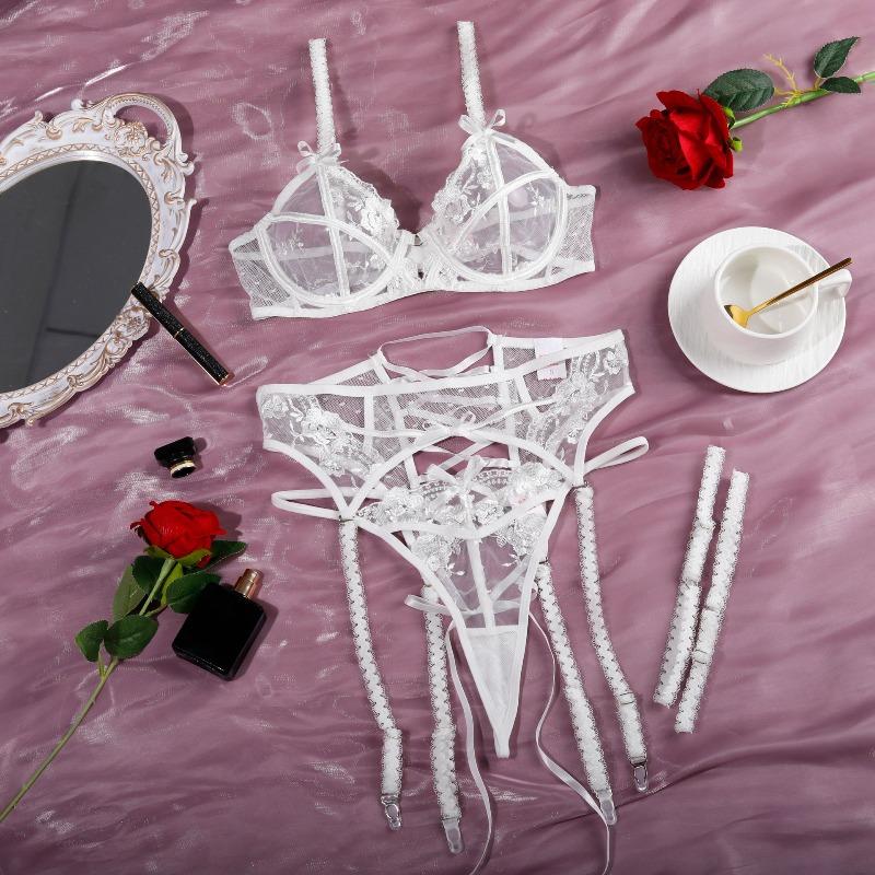 Women'S Sexy Backless Sheer Mesh Erotic Lingerie Set With Bow Cross Tie Garter Belt Lace Strap Embroidered 3Pcs Bra Brief Sets