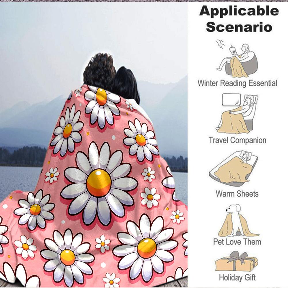 1pc Daisy Pattern Lightweight Flannel Blanket, Comfortable and Warm Blanket, for Office and Camping Sofa Bed, Livingroom190