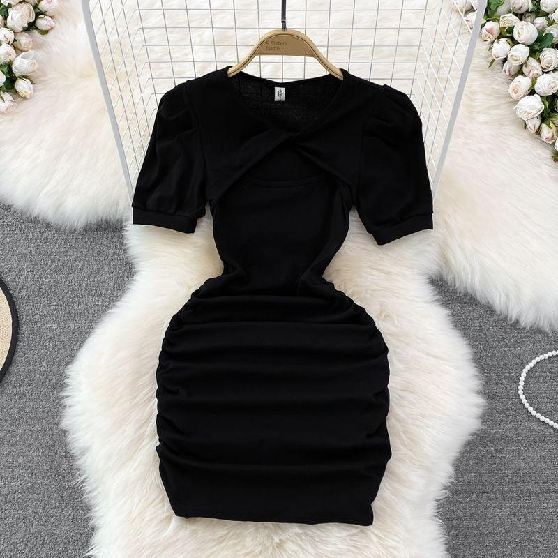 

Лето 2024 Новое поступление Французский стиль V-образный вырез Вырез на груди Короткий рукав Сексуальное Платье мини с высокой талией и облегающим бедра силуэтом Black One size