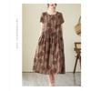 2025 Summer New Retro Literary Loose Round Neck Short Sleeve Midi Dresses