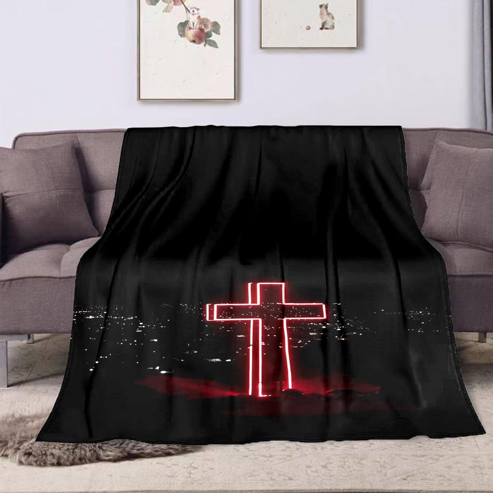 Glowing Red Neon Cross at Night Patterned flannel blanket perfect for the bedroom living room, sofa, or a little nap