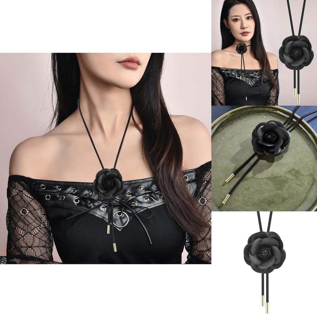 Stylish Handmade Black Floral Fabric Necklace Featuring Romantic Camellia Design