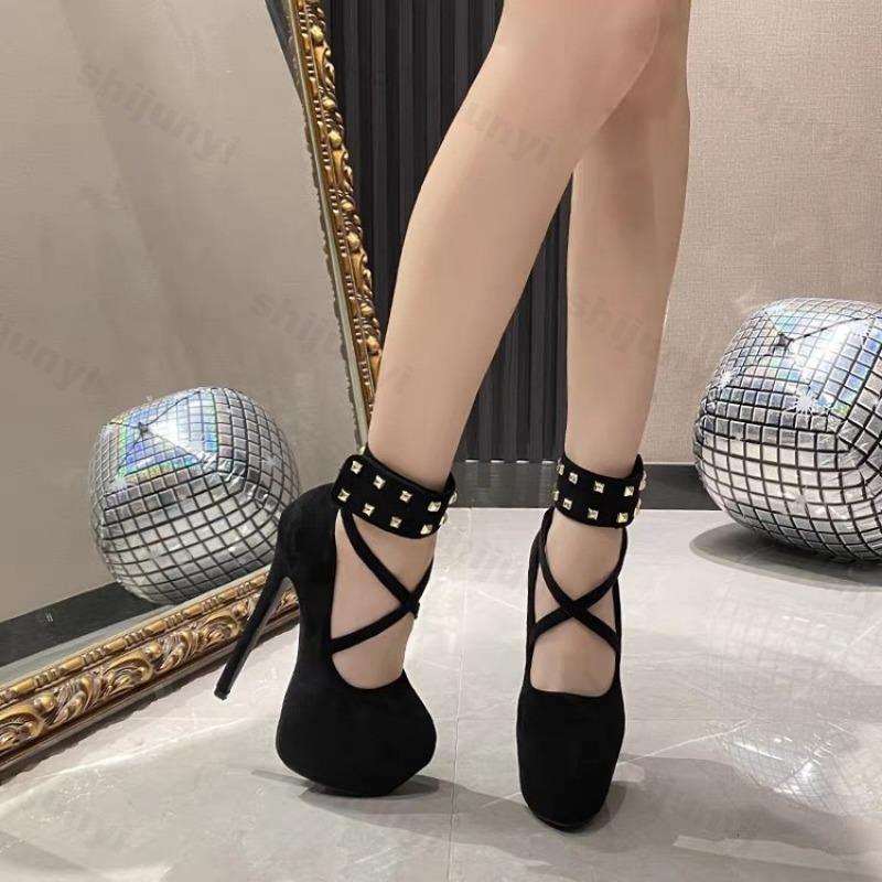 Women High Heel Fashion Metal Rivets Ankle Strap Platform Pumps Sandals Women Wedding Party Sexy Platform Stripper Design Shoes