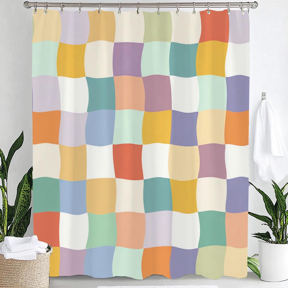 Modern Plaid Grid Print Waterproof Shower Curtain Bathroom Curtain,Hanging Curtain 12 Hooks Decoration Machine Washable