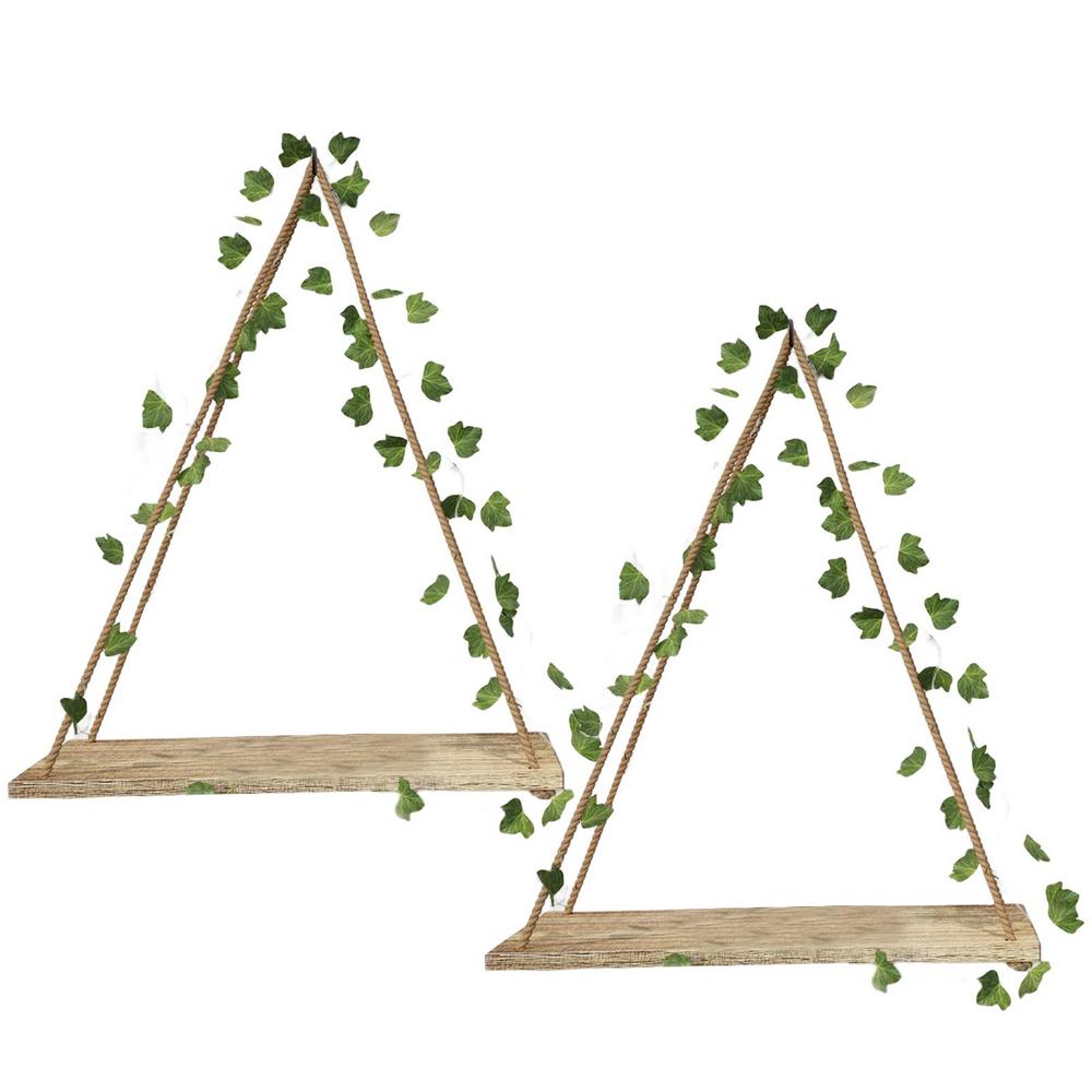 

Wall Shelf With Greenery Artificial Ivy LED-Strip Boho Plant Wall Holder Wooden Swing Floating Rope Shelf For Bedroom Kitchen