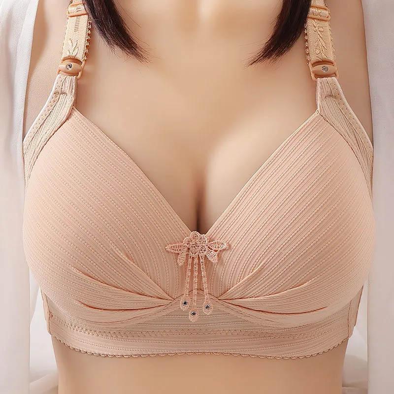 Women's Bra Without Steel Ring Pure Cotton Cloth Breathable and Comfortable Large Size Thin Section Gathering Adjustable Anti-sagging Bra