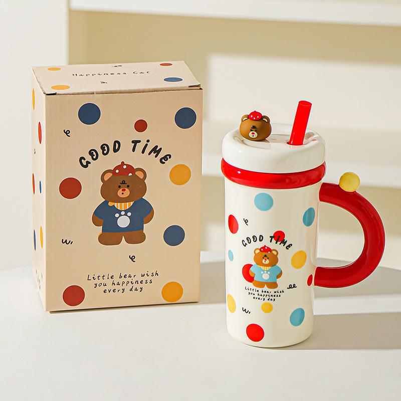 Large Capacity Cartoon Straw Cup with Lid Cute Mug High value Kitten Animal Ceramic Cup Set Gift