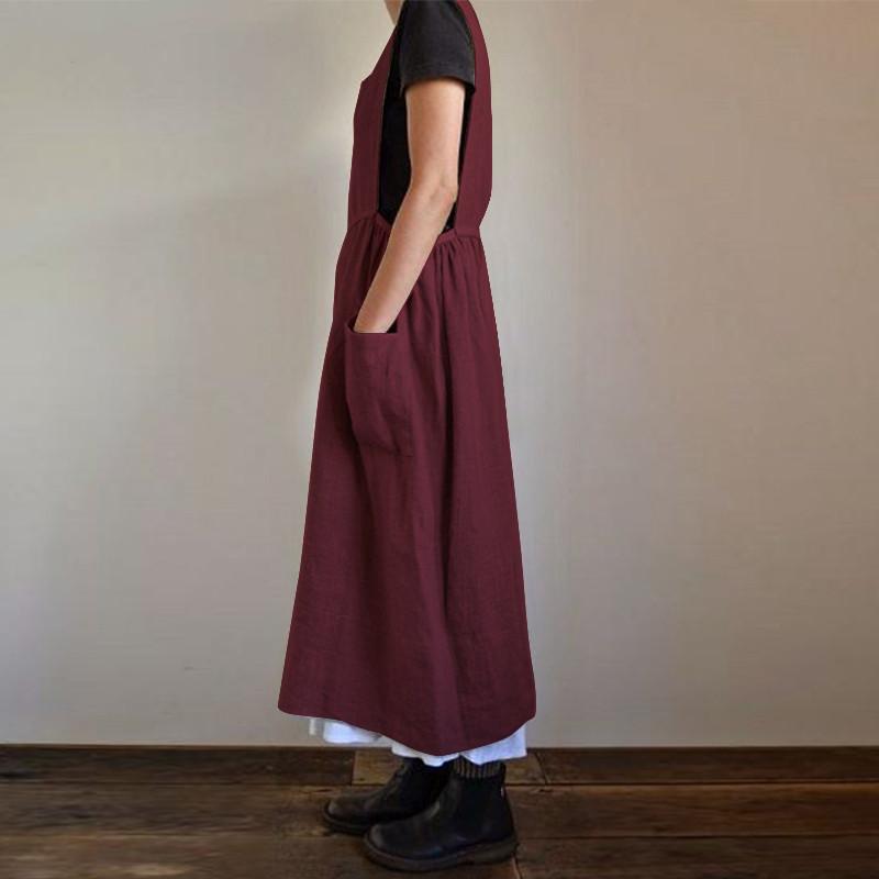 Grembiule Vestito Midi Oversize S-5XL Cotone Lino Largo per Donna Casual Tasca Abbigliamento per la Casa Colore Unico Uniforme da Cucina