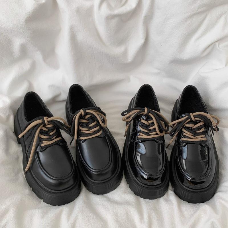 British Style Retro Thick High-Heeled Small Leather Shoes Women'S Versatile Platform-Soled Lace-Up Loafers K Single