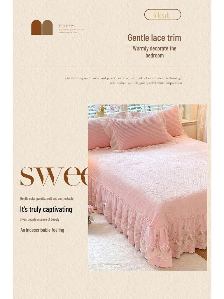 New Elegant Matte Milk Velvet French Lace Princess Style Bedspread Set