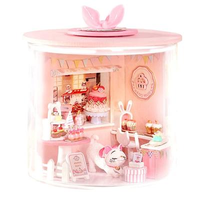 moin moin Puppenhaus Miniatur DIY Bausatz Set Anleitung Terrarium Glas Traumflasche Stilvolles Interieur für Cafés und Rosa Katze Design Kuchen 2208dh346
